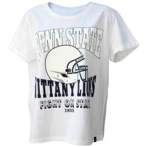 white women's cuffed short sleeve t-shirt with Penn State Nittany Lions, football helmet graphic, Fight on State, and 1855